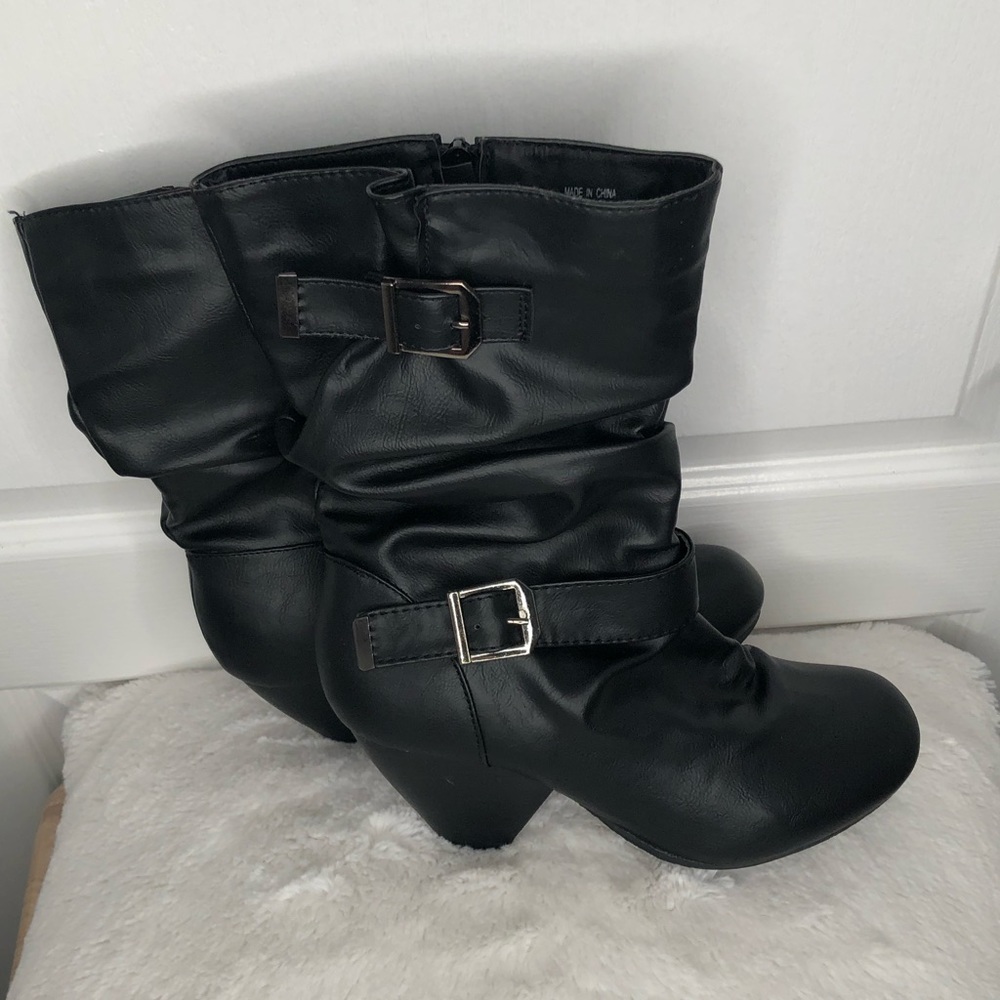 Ardene’s Black High Heel Zip Up Boots with Buckles - Medium Length (Size 8)